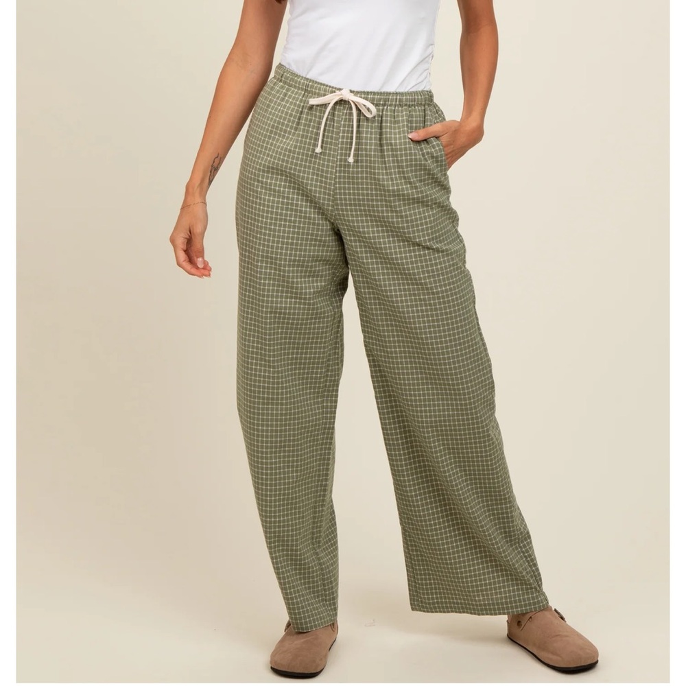 Maternity Pants Olive Drawstring Checker Plaid
